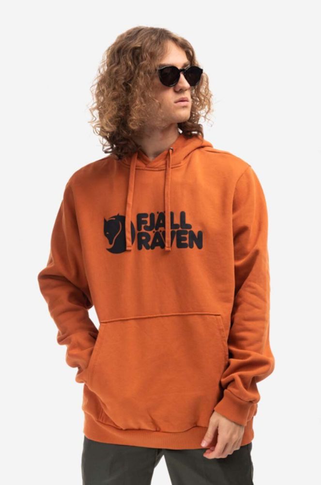 Бавовняна кофта Fjallraven чоловіча колір коричневий з капюшоном з принтом F84144.243-243