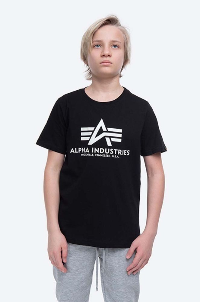 Дитяча бавовняна футболка Alpha Industries колір чорний з принтом
