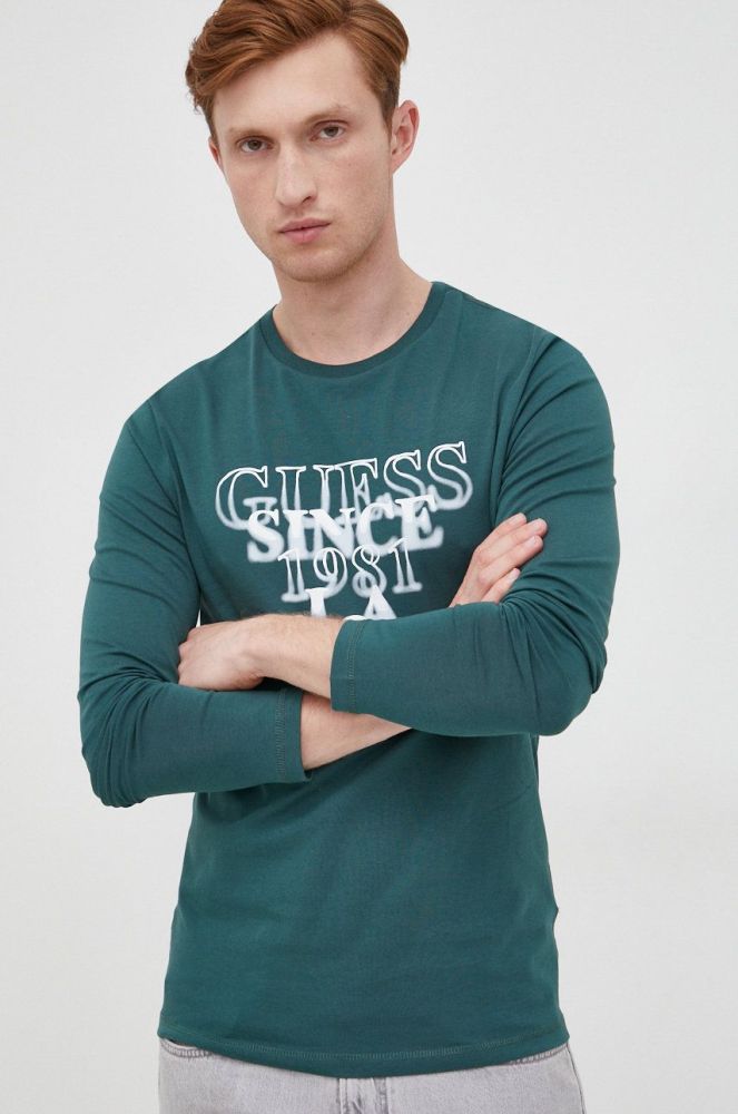 Лонгслів Guess чоловічий колір зелений з принтом