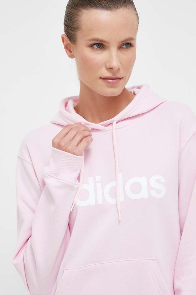 Бавовняна кофта adidas жіноча колір рожевий з капюшоном з принтом (3351274)