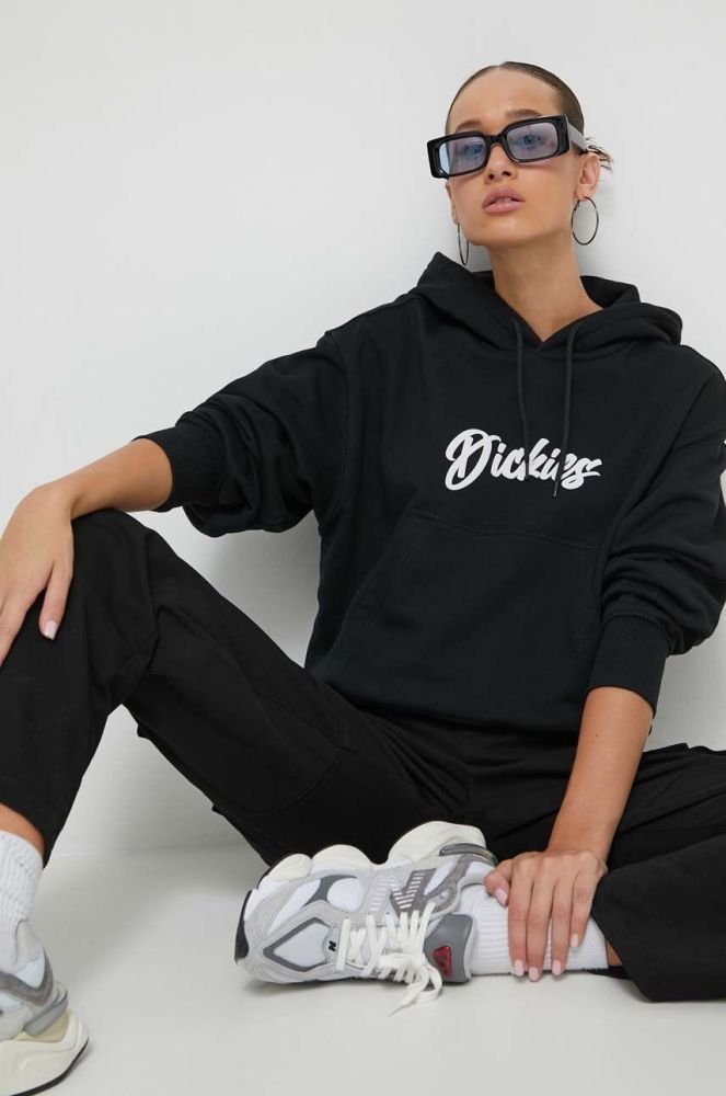 Бавовняна кофта Dickies жіноча колір чорний з капюшоном з принтом (3637807)