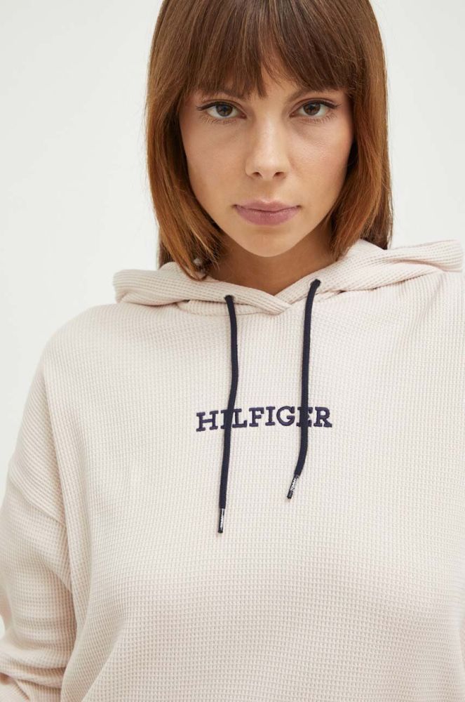 Бавовняна кофта лаунж Tommy Hilfiger колір бежевий з капюшоном з аплікацією