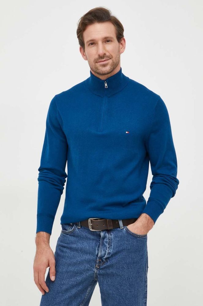 Светр з домішкою кашеміру Tommy Hilfiger легкий півгольф колір блакитний