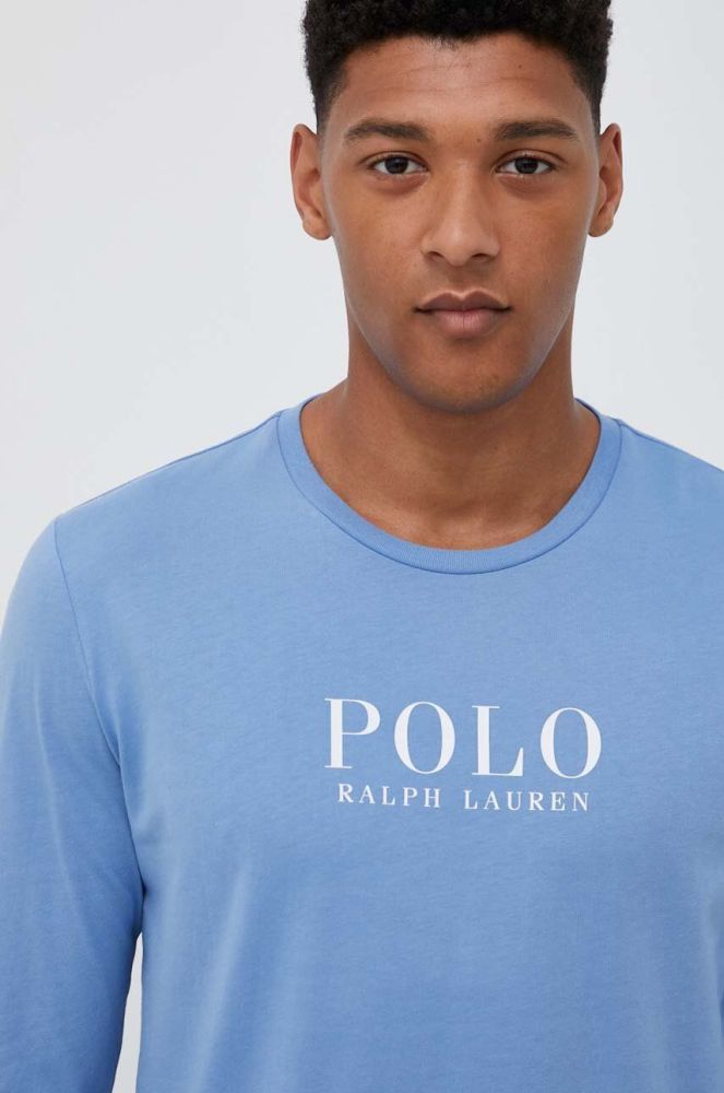 Піжамний бавовняний лонгслів Polo Ralph Lauren з принтом колір блакитний