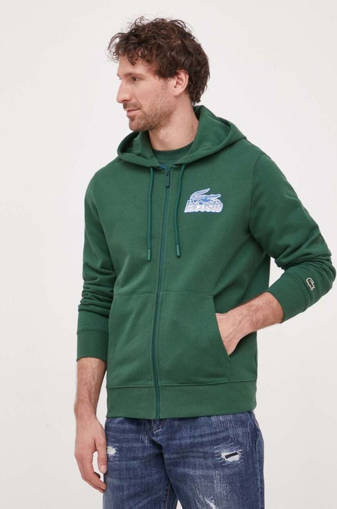 Бавовняна кофта Lacoste чоловіча колір зелений з капюшоном з принтом (3162723)