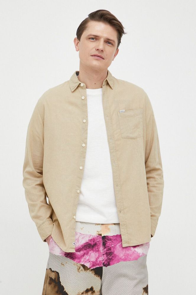 Сорочка з льону Pepe Jeans Parker Long колір зелений regular класичний комір