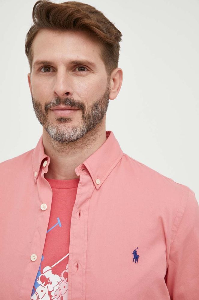 Бавовняна сорочка Polo Ralph Lauren чоловіча колір рожевий slim комір button-down (3261084)